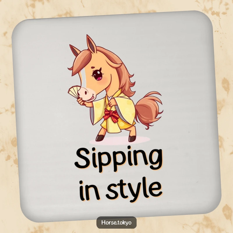 Funny horse coaster featuring a stylish character in a golden kimono striking a playful pose with a fan.