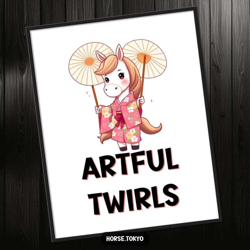 Funny horse artwork in a vibrant floral kimono, playfully twirling a parasol, adding a touch of whimsical charm.
