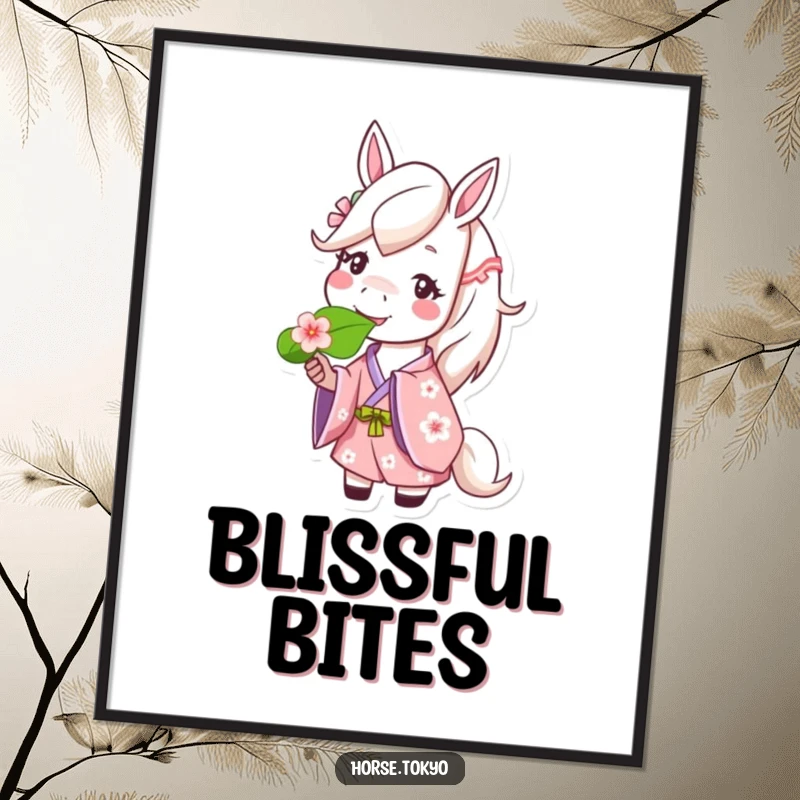 Funny horse artwork in a cherry blossom kimono, happily munching on a leaf, radiating cheerful vibes.
