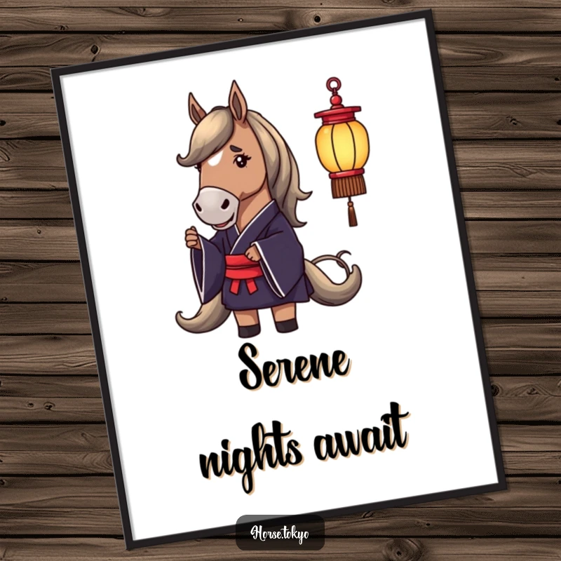 Funny poster art of a dignified horse in a dark silk kimono holding a delicate lantern, adding charm to walls.