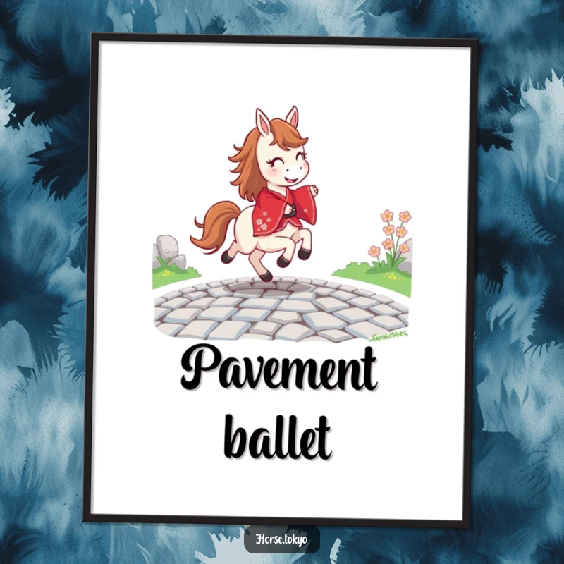 Funny joyful horse character in a red kimono, prancing on a cobblestone path, as vibrant poster art.