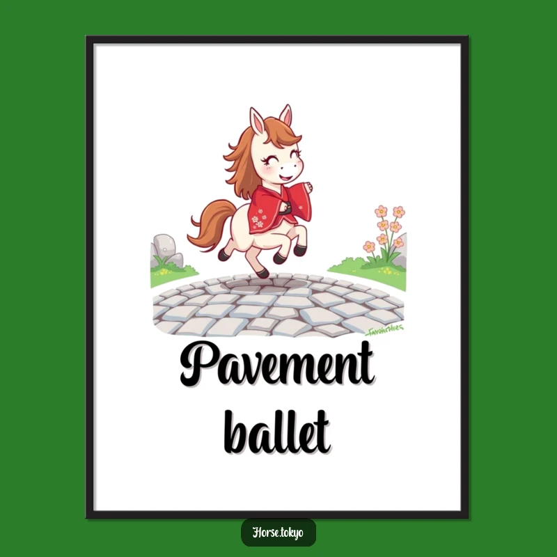 Funny Joyful Horse Poster - Red Kimono Cobblestone Path Art Humor Gift