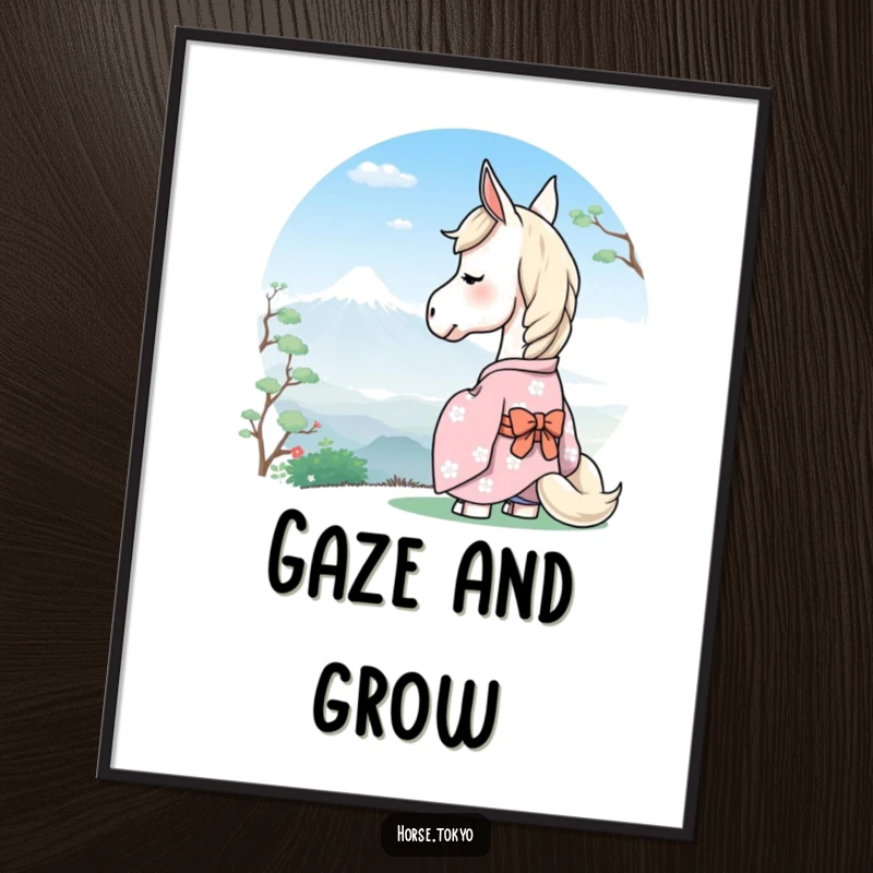 Funny serene horse character in a pastel kimono, gazing at a distant mountain, as calming poster art.