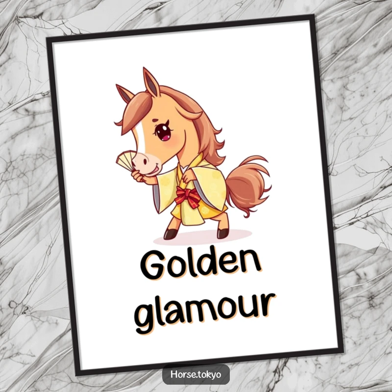 Funny horse artwork in a golden kimono, striking a playful pose with a fan, exuding chic and stylish vibes.