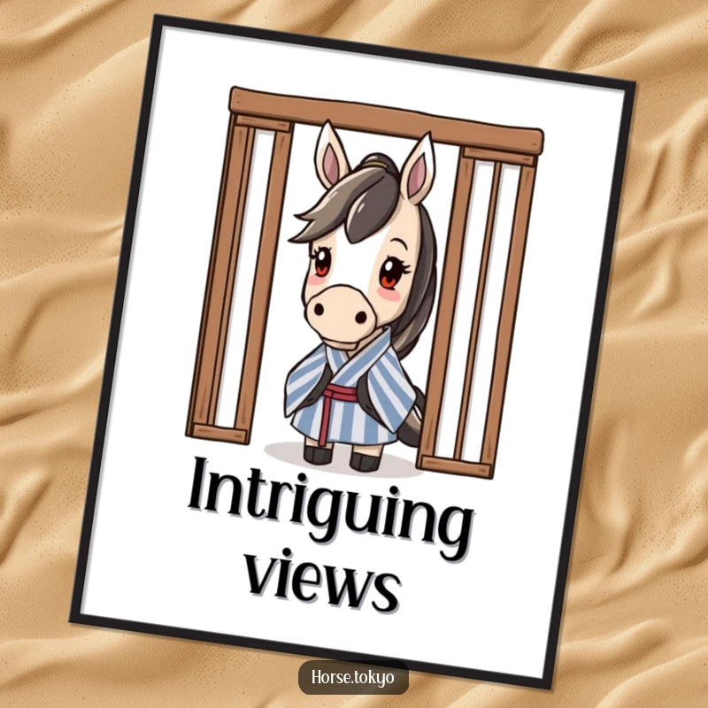 Funny horse artwork in a striped kimono, curiously peeking from behind a sliding door, creating an intriguing visual.