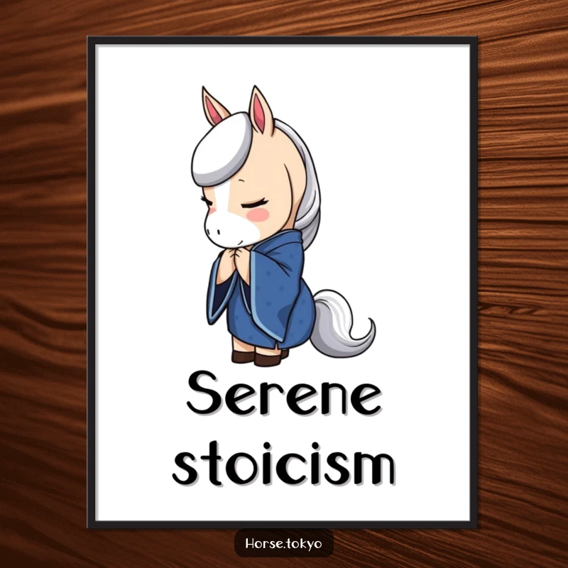 Funny horse artwork in a deep blue kimono, bowing elegantly, creating a serene and sophisticated visual.