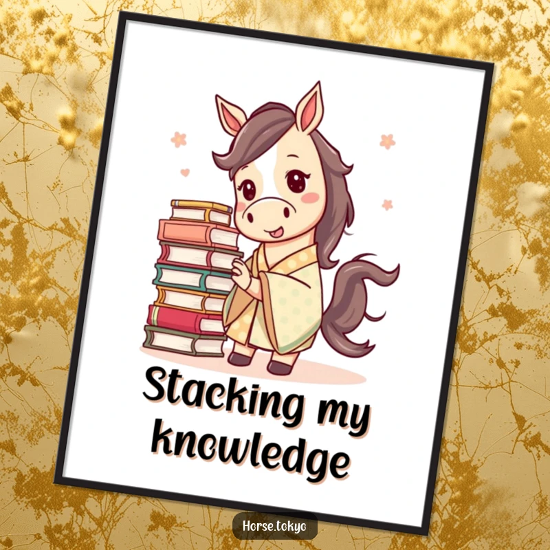 Funny mischievous horse character in a patterned kimono, precariously balancing a stack of books, as whimsical poster art.