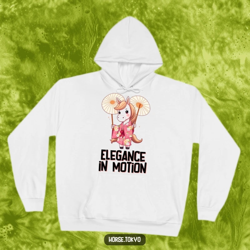 Funny horse character in a vibrant floral kimono, playfully twirling a parasol, perfect for a cozy and humorous vibe.