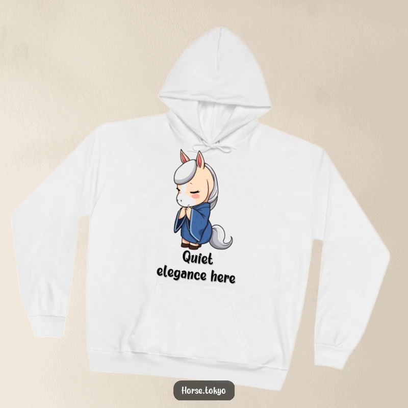 Funny horse character in a deep blue kimono, bowing elegantly, on a cozy hoodie for a touch of calm.