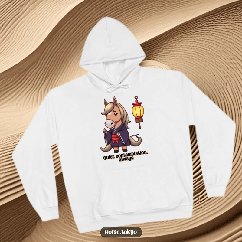 Funny hoodie depicting a dignified horse in a dark silk kimono, holding a delicate lantern, radiating calm cool.