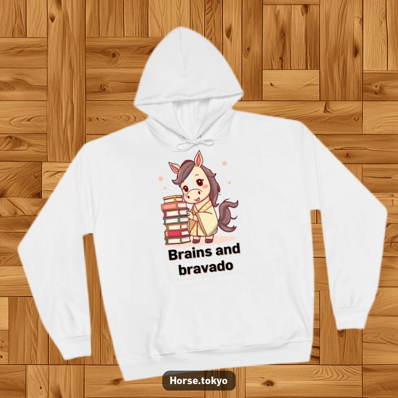 Funny mischievous horse character in a patterned kimono, balancing a stack of books, printed on a soft hoodie.