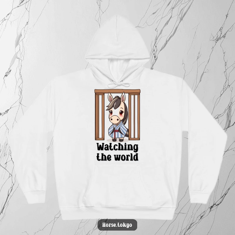 Funny curious horse character in a striped kimono, peeking from behind a sliding door, on a cozy hoodie.