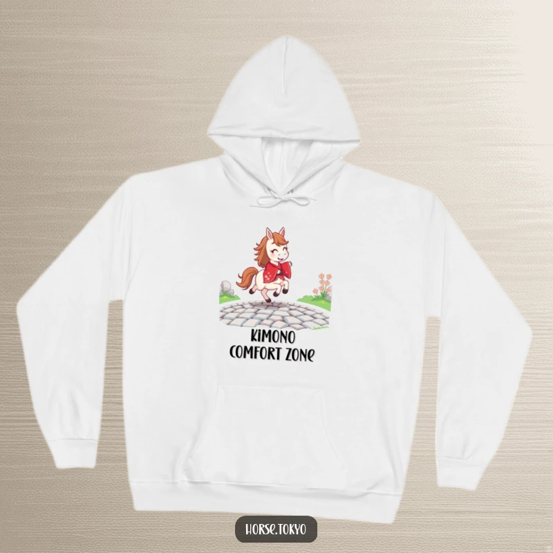 Funny joyful horse character in a red kimono, prancing on a cobblestone path, printed on a soft hoodie.