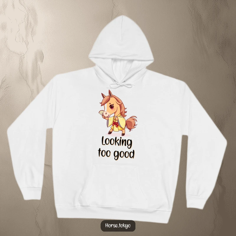 Funny stylish horse character in a golden kimono, striking a playful pose with a fan, on a cozy hoodie.