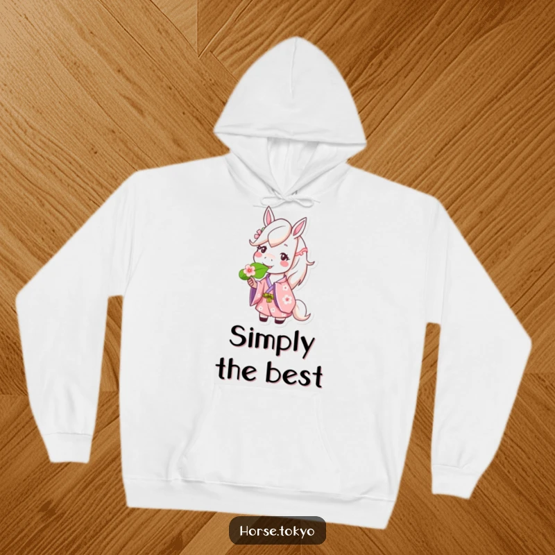 Funny happy horse character in a cherry blossom kimono, munching on a leaf, on a cozy hoodie for cheerful vibes.