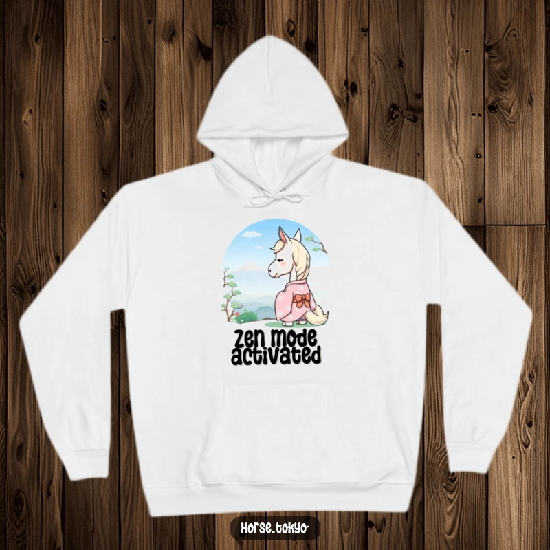 Funny serene horse character in a pastel kimono, gazing at a distant mountain, printed on a soft hoodie.