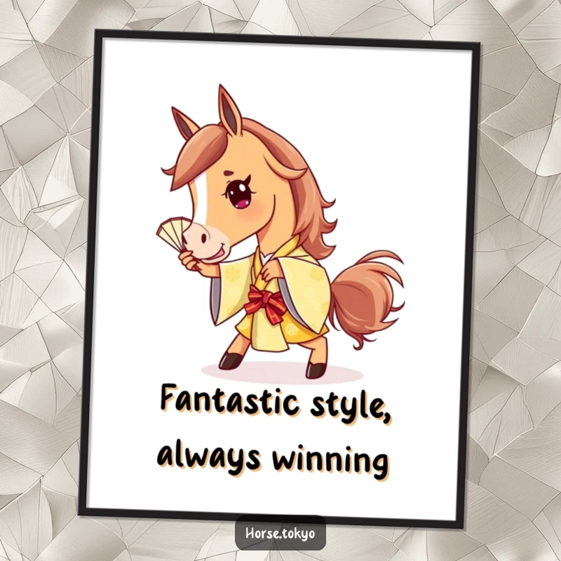 Free Printable Wall Art of a stylish horse in a golden kimono striking a playful pose with a fan.