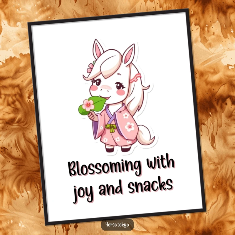 Free Printable Wall Art of a happy horse in a cherry blossom kimono, peacefully munching a green leaf.