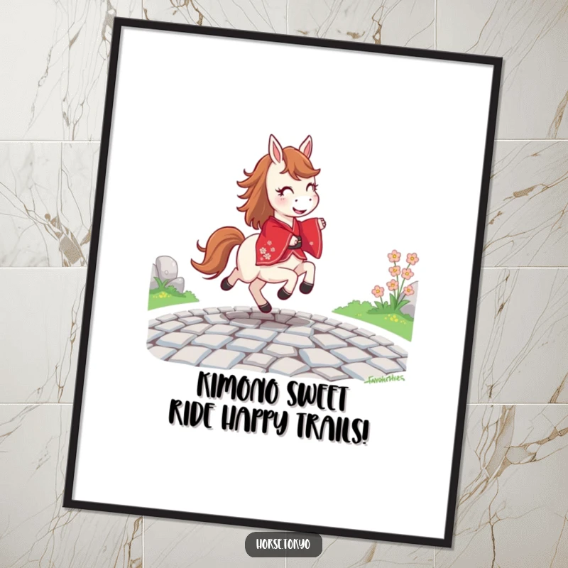 Funny Free Printable Wall Art: A joyful horse in a striking red kimono prances with delight on a cobblestone path.