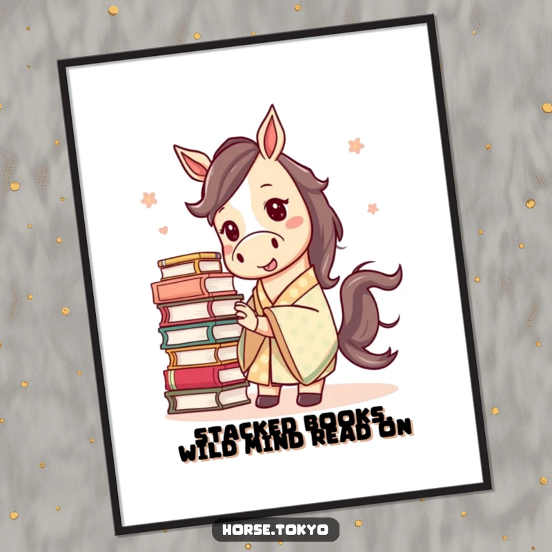 Funny Free Printable Wall Art: A mischievous horse in a patterned kimono wobbles precariously with a stack of books.