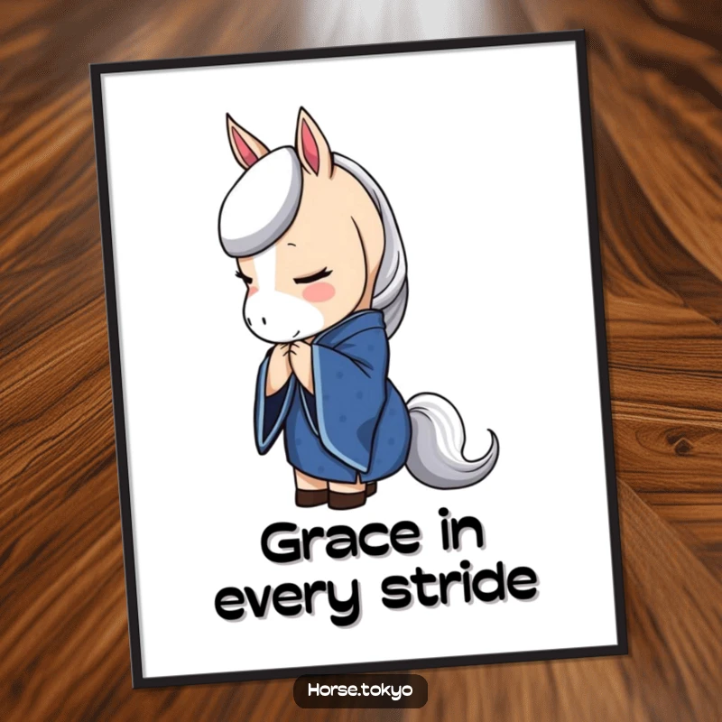 Free Printable Wall Art of a graceful horse in a deep blue kimono bowing elegantly, exuding poise.