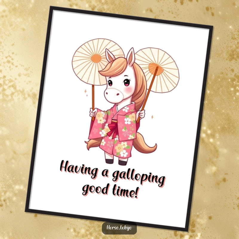 Funny Free Printable Wall Art of a playful horse in a vibrant floral kimono twirling a parasol with artistic flair.