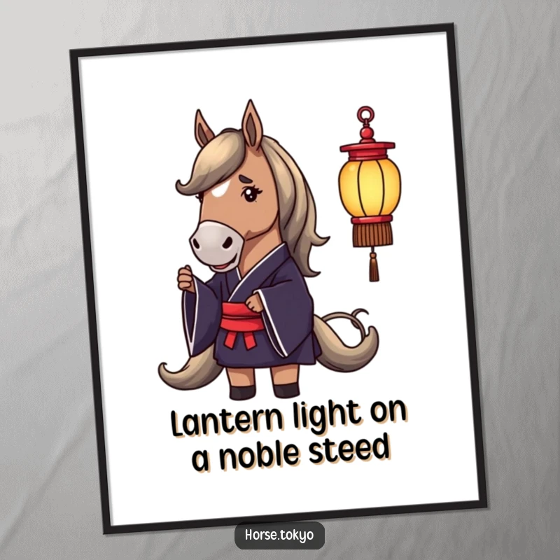 Funny Free Printable Horse Wall Art: A dignified horse in a dark silk kimono holding a delicate lantern, exuding sophisticated humor.