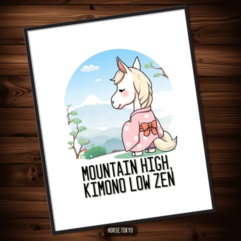 Free Printable Wall Art: A serene horse in a pastel kimono gazes peacefully at a distant, majestic mountain.