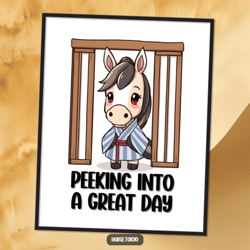 Free Printable Wall Art of a curious horse in a striped kimono peeking playfully from behind a sliding door.