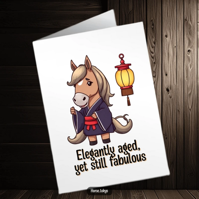 Funny Free Printable Horse Birthday Card: Dignified character in silk kimono holding a glowing lantern, perfect for a classy celebration.