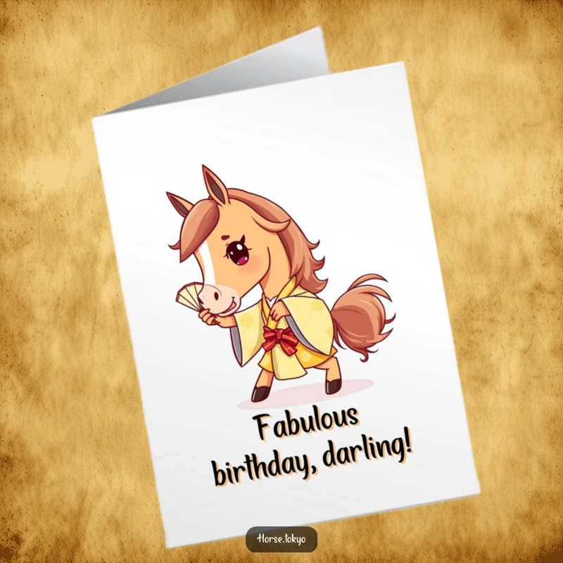 Free Printable Birthday Card featuring a stylish horse in a golden kimono striking a playful pose with a fan.