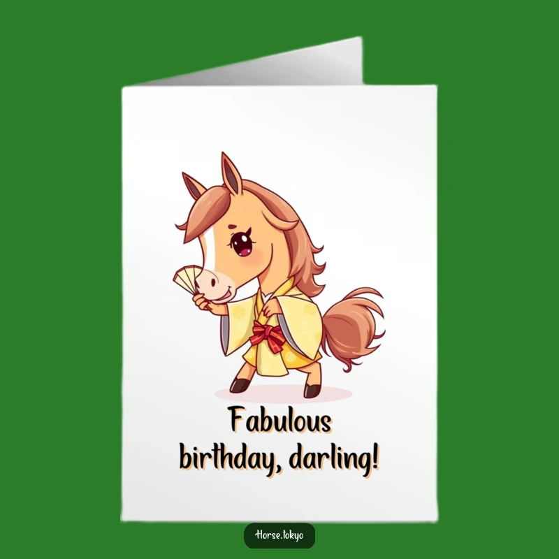 Free Printable Horse Birthday Card: Stylish Golden Kimono Horse Fan Pose Downloadable