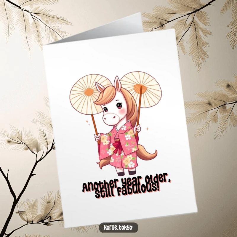 Funny Free Printable Birthday Card featuring a playful horse in a vibrant floral kimono twirling a parasol with glee.