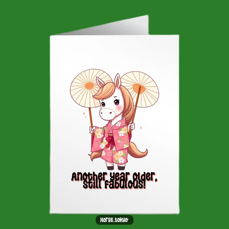 Free Printable Horse Birthday Card: Funny Floral Kimono Twirling Parasol Downloadable Gift