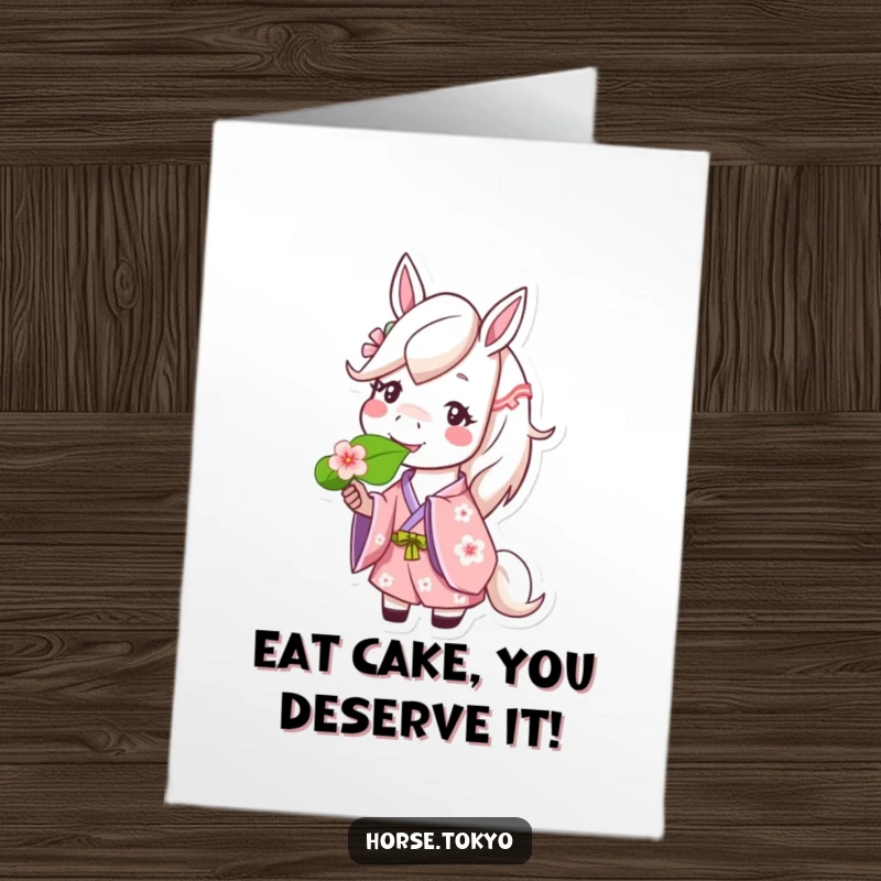 Free Printable Birthday Card featuring a happy horse in a cherry blossom kimono, contentedly munching a green leaf.