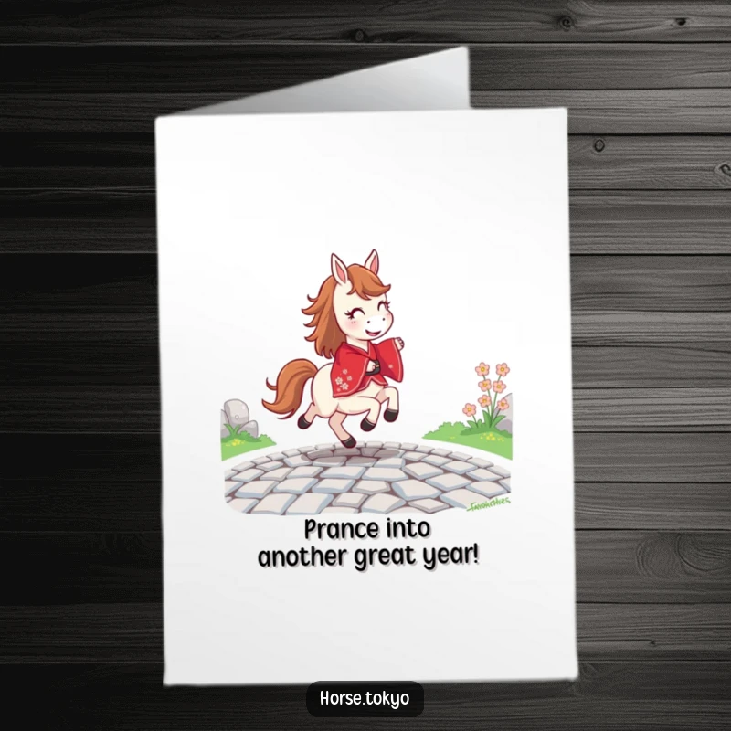 Funny Free Printable Birthday Card: Joyful horse in red kimono prances on cobblestone, radiating happiness.