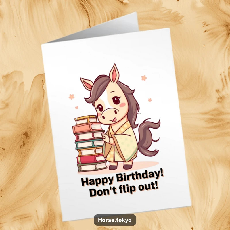 Funny Free Printable Birthday Card: Mischievous horse in patterned kimono wobbles with a tall stack of books.