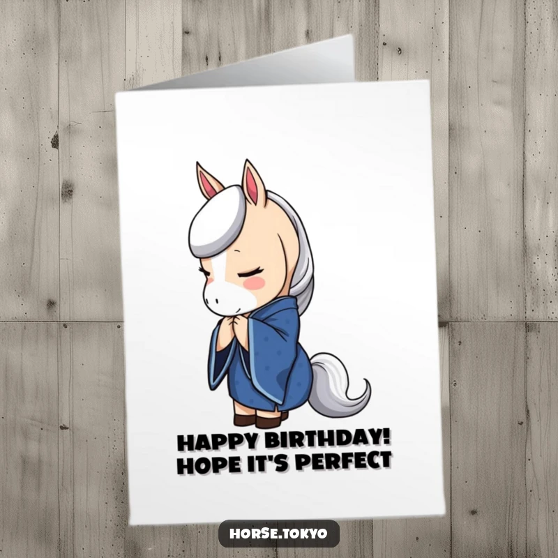 Free Printable Birthday Card featuring a graceful horse in a deep blue kimono bowing elegantly with poise.