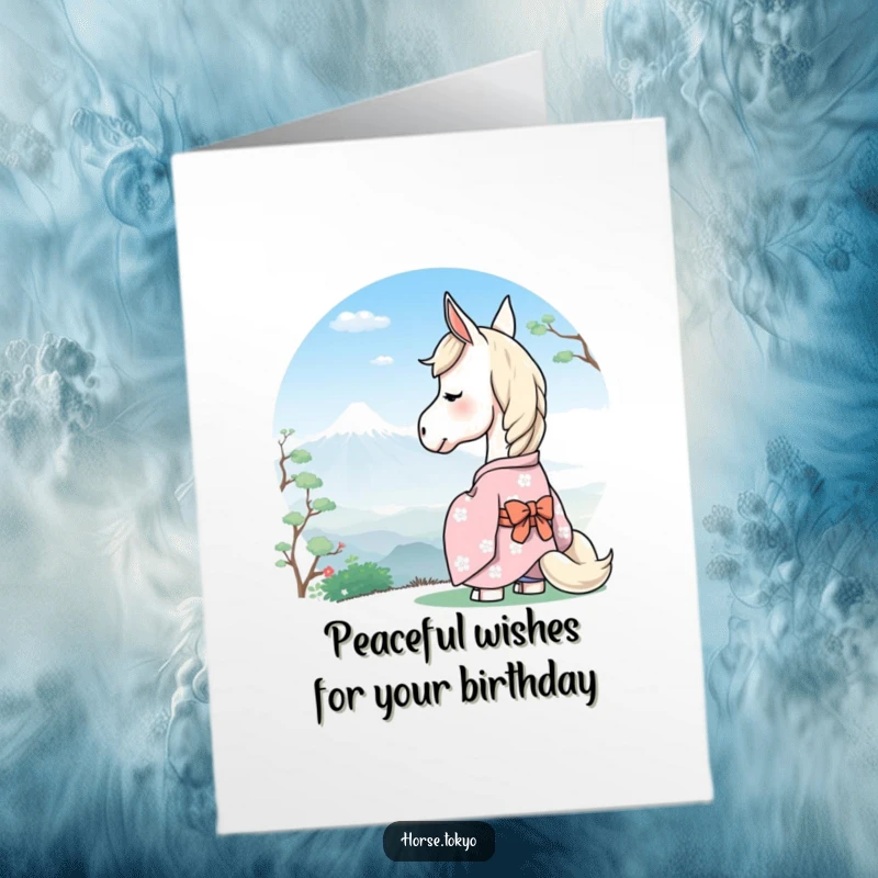Free Printable Birthday Card: Serene horse in pastel kimono gazes at a distant mountain, conveying peace.