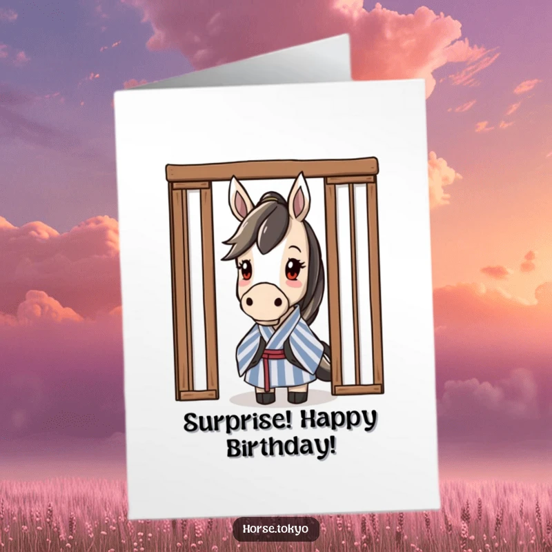 Free Printable Birthday Card featuring a curious horse in a striped kimono peeking from behind a sliding door.