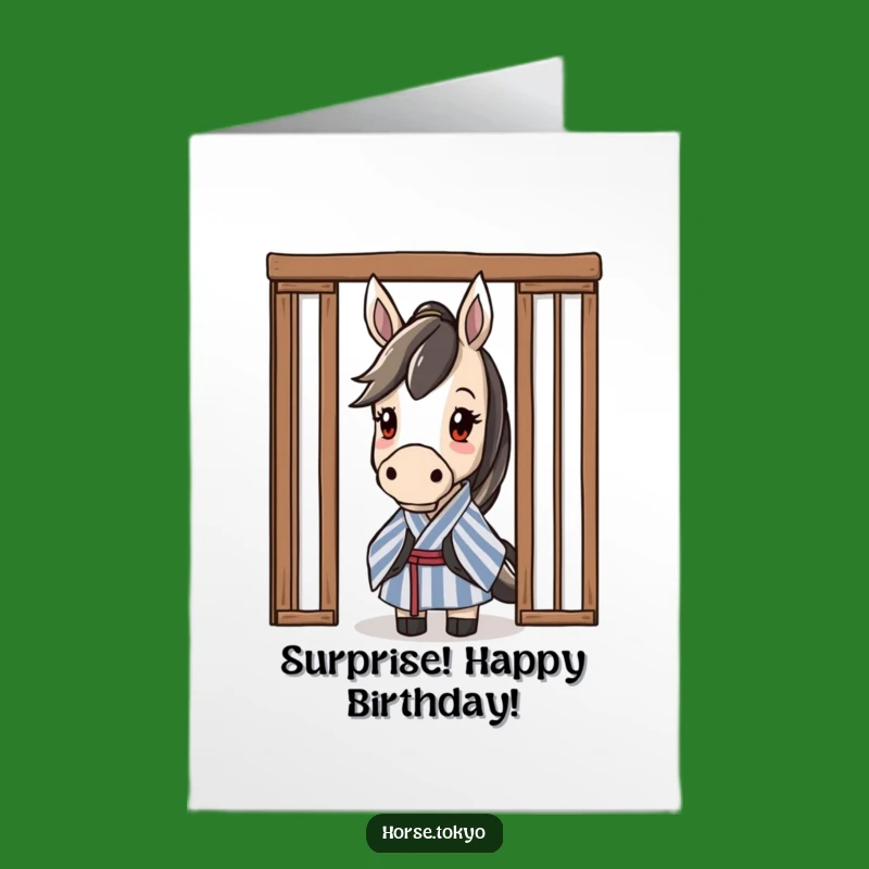 Free Printable Horse Birthday Card: Curious Striped Kimono Horse Peeking Downloadable