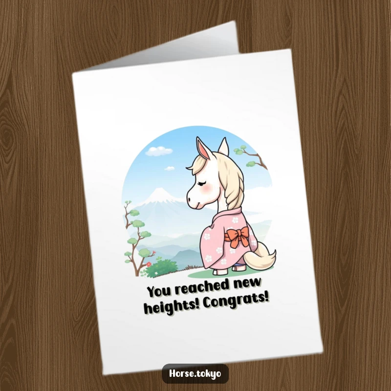 Free Printable Congrats Card: Serene horse in pastel kimono looks towards a distant mountain, symbolizing a journey.