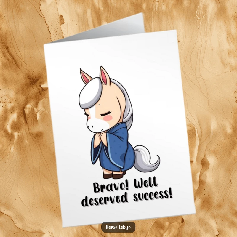 Free Printable Congratulations Card showing a graceful horse in a deep blue kimono bowing with refined elegance.