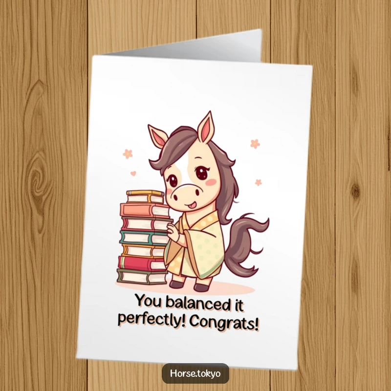 Funny Free Printable Congrats Card: Mischievous horse in a patterned kimono struggles to balance a precarious stack of books.