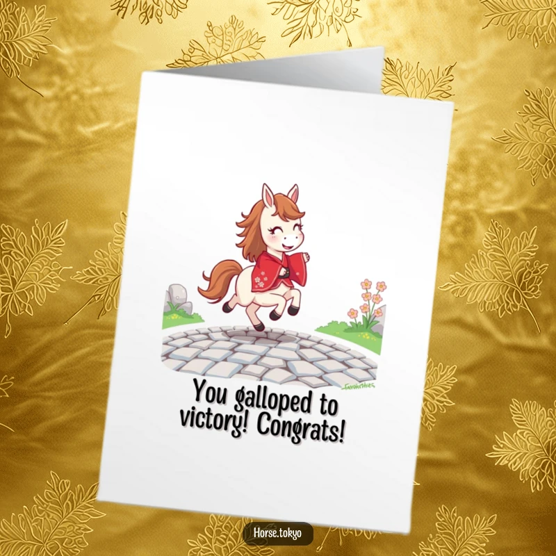 Funny Free Printable Congrats Card: Joyful horse in a red kimono energetically prances on a cobblestone path.