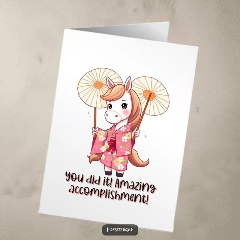 Funny Free Printable Congratulations Card showcasing a playful horse in a bright floral kimono twirling a parasol joyfully.