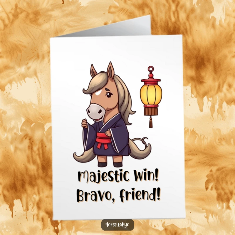 Funny Free Printable Horse Congratulations Card: Elegant horse in a kimono with a lantern, conveying congratulations with understated humor.