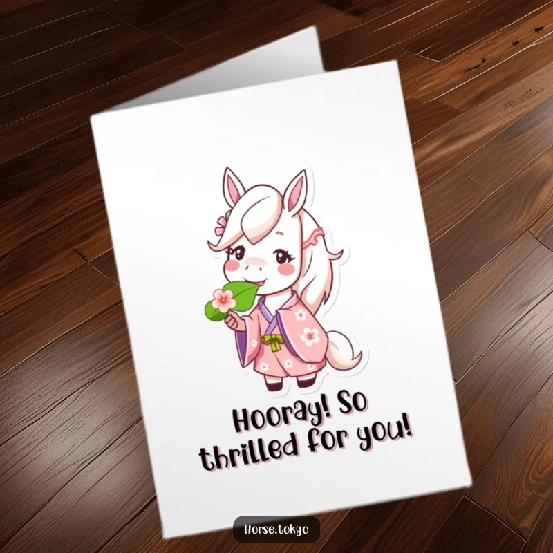 Free Printable Congratulations Card showing a happy horse in a cherry blossom kimono enjoying a green leaf.