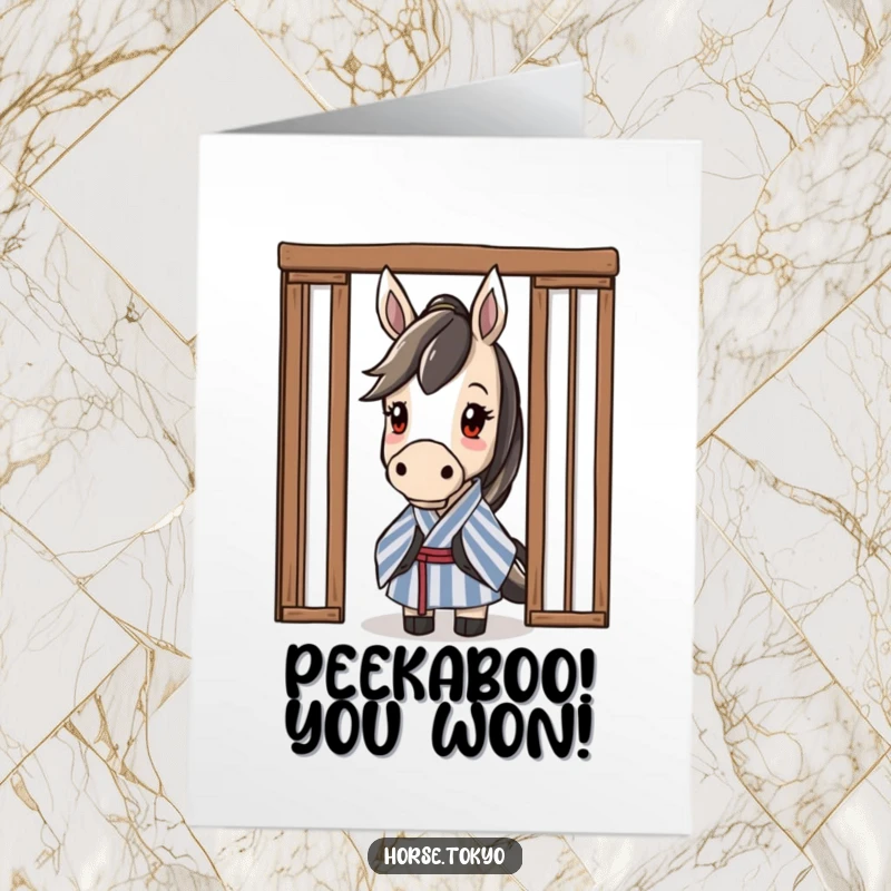 Free Printable Congratulations Card showing a curious horse in a striped kimono peeking from behind a sliding door.