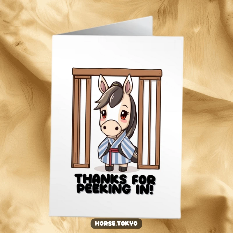 Free Printable Thank You Card featuring a curious horse in a striped kimono peeking from behind a sliding door.